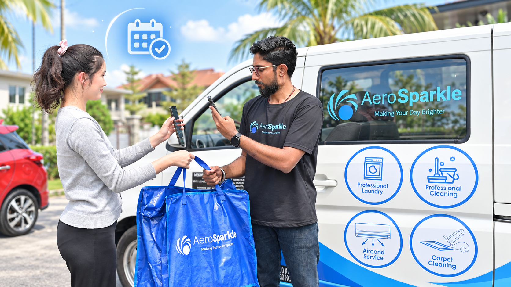 AeroSparkle scheduled pickup with customer and service van